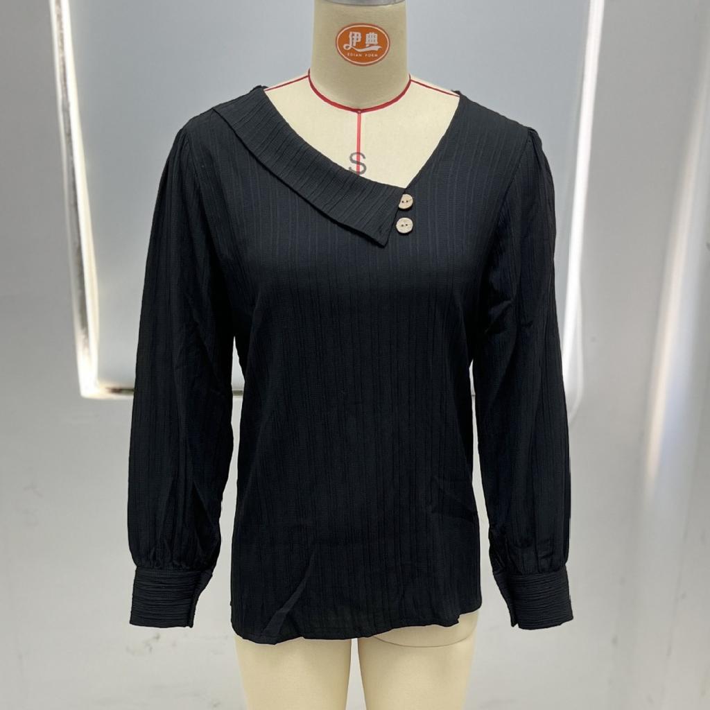 Jarní a podzimní dámská halenka Jednoduchá plisovaná halenka Knoflíček s výstřihem do V Jednobarevný top s dlouhým rukávem