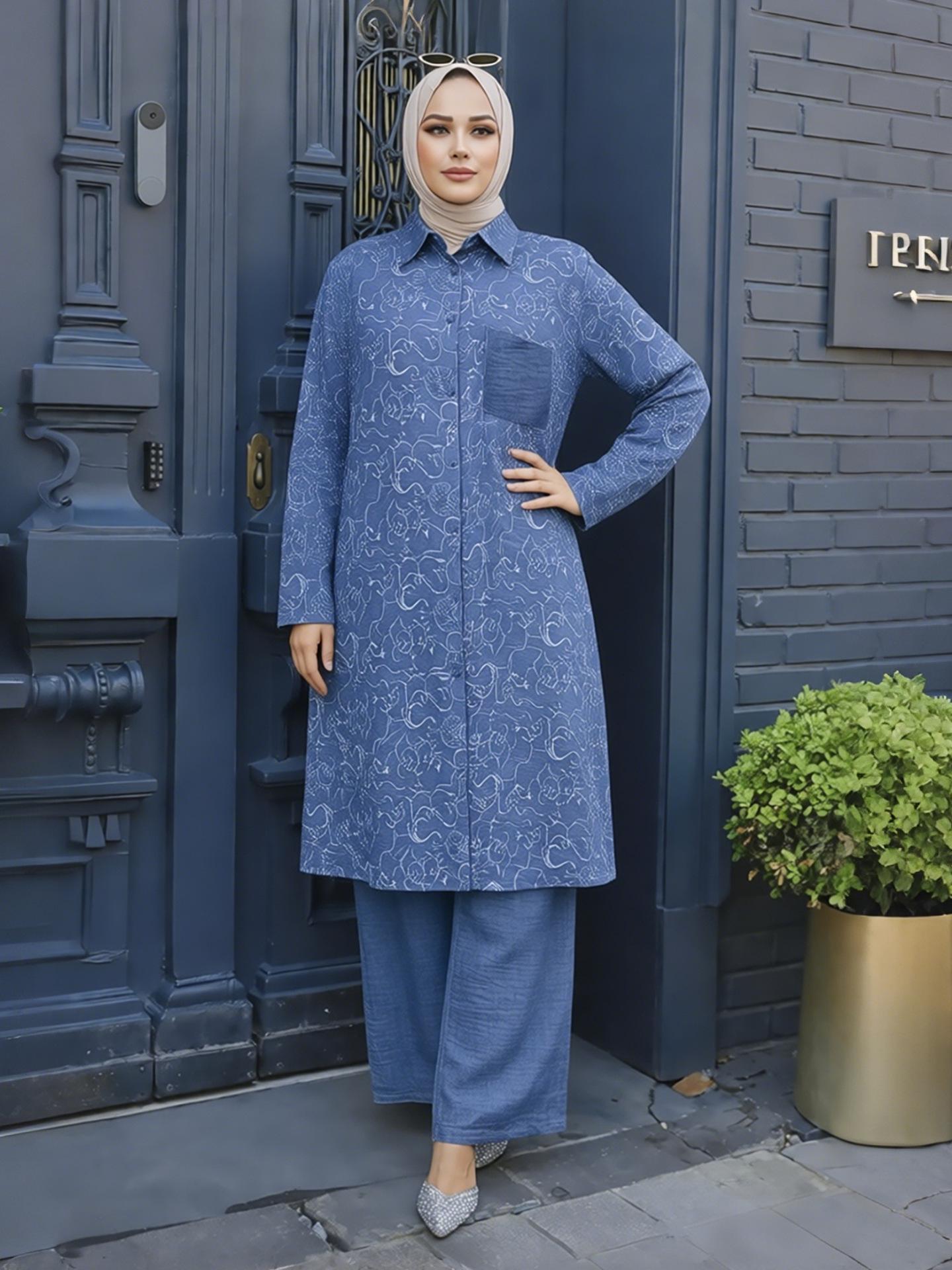 

M372 Women s Middle Eastern Fashion: Printed Loose Mid-Length Top & Wide-Leg Pants Set Large синій