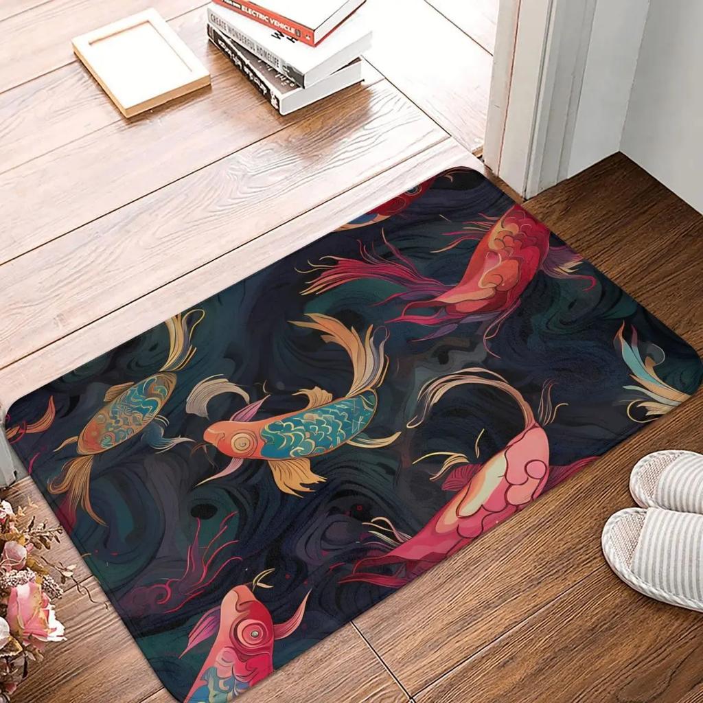 Chinesischer Koi Karpfen Tuschemalerei Glücksteppich Rosa Kirschblüten Teppich für Wohnzimmer Schlafzimmer Heimdeko Fußmatte Bodenmatten