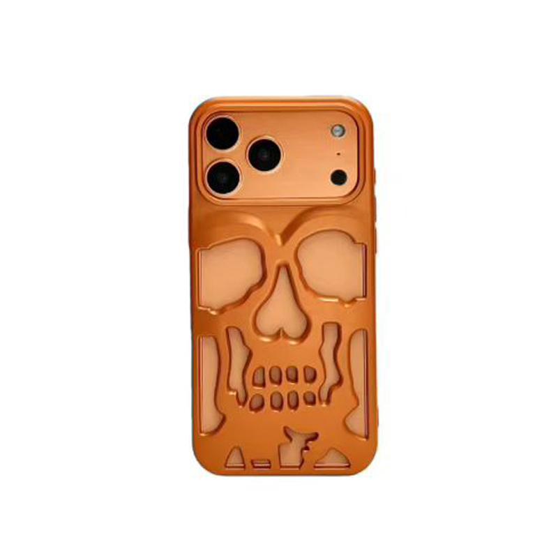 Ins Hollow Out Skeleton Skull Matte Orange Phone Case For For Iphone 17 Pro Max Plating Orange Protective Back Cover