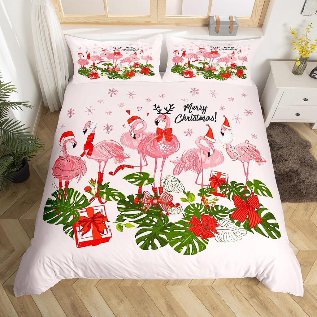 Flamingo Duvet Cover Set Tropical Animal Pattern King Bedding Set Girls Pink Floral Quilt Cover Queen Full Comforter Covers 3Pcs