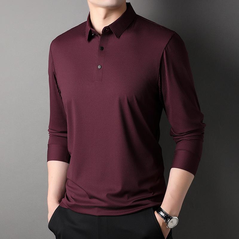 Autumn New Long-sleeved T-shirt Men's Middle-aged Casual Lapel Seamless Nylon Striped Polo Shirt