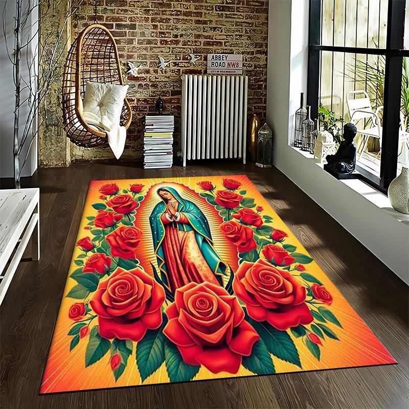 Virgin Mary with Red Roses Carpet Non-slip Rug Suitable for Living Room and Bedroom Sofas