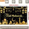 2D Flat Eid Mubarak Background, Black Gold Moon & Mosque Theme Backdrop for Muslim Festival