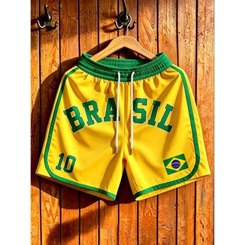 Pantalones Cortos de Fútbol Vintage BRASIL 10 para Hombre Amarillos con Gráfico de Bandera de Brasil Pantalones Cortos Deportivos de Entrenamiento para Correr para Aficionados al Fútbol