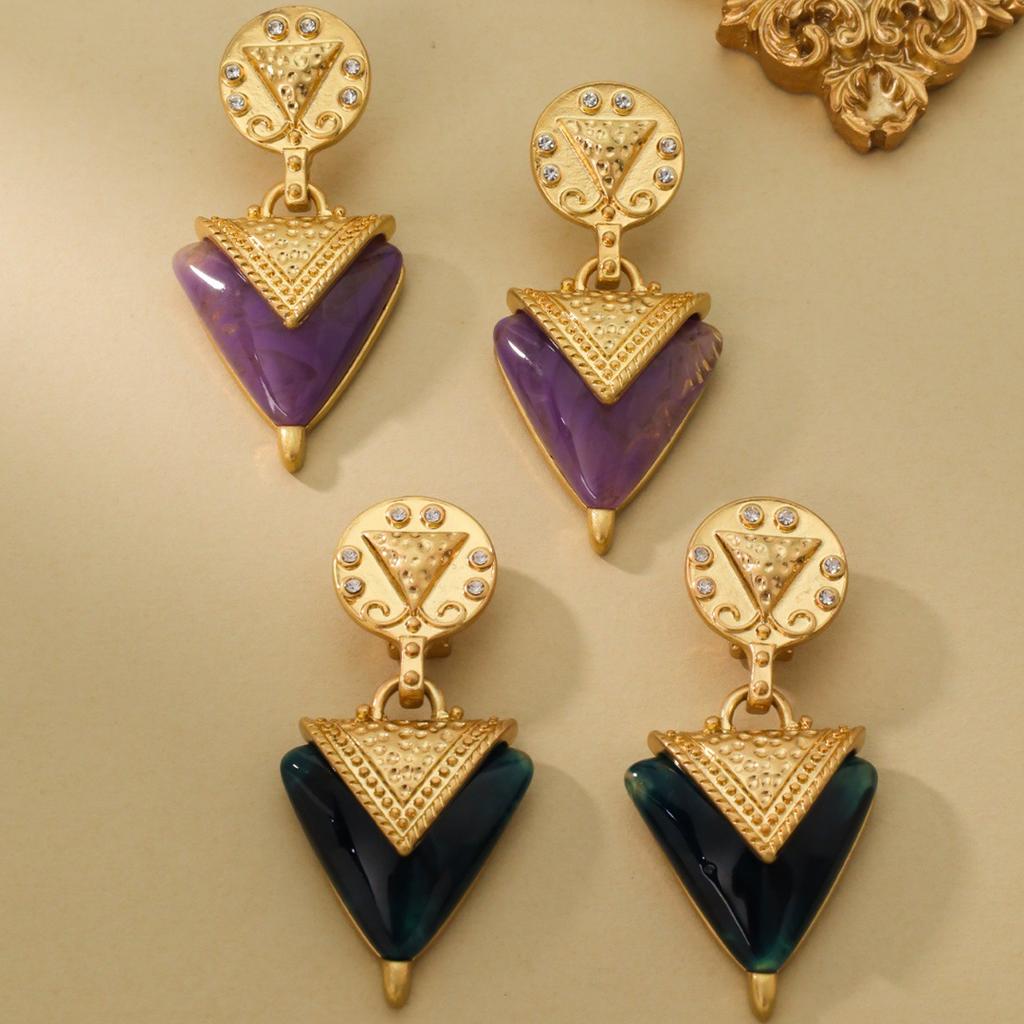 Medieval Palace Style Triangular Jelly Earrings Vintage Niche Temperament Gold-plated