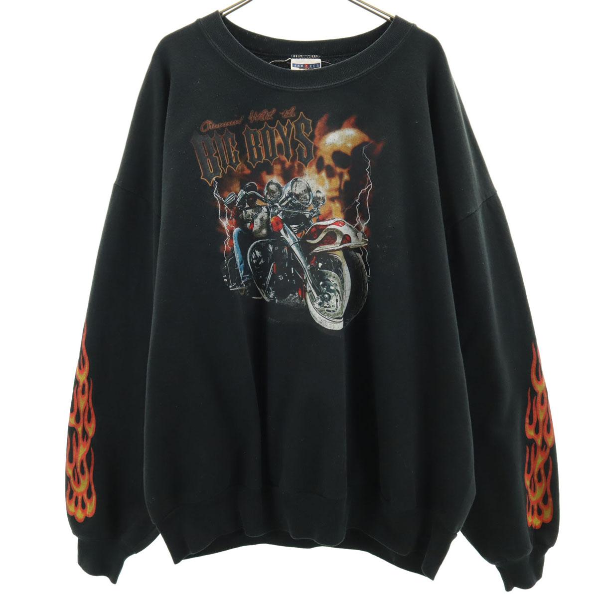 

JERZEES 90s 00s Old Fire Pattern Biker Skull Long sleeve Print sweat 2XL Men s Used