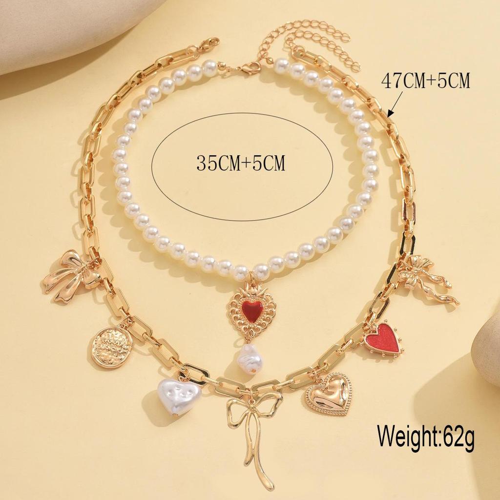Double-Layer Imitation Pearl Necklace with Bow and Heart Pendants