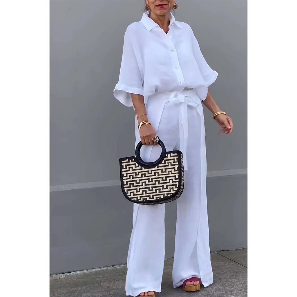 Elegant Office Ladies Suit Casual Solid Color Button Shirt Belt Wide Leg Slit Irregular Pants Sets 2 Piece Set Spring Autumn