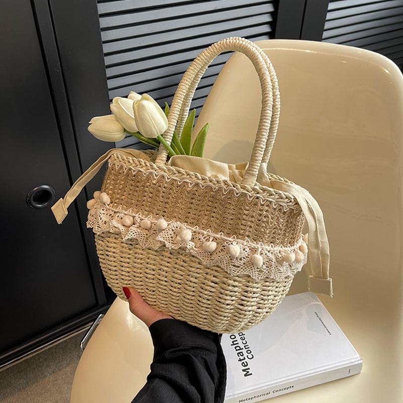Yogodlns Women Straw Woven Bag Straw Tote Bag Large Capacity Weaving Shoulder Purse with Lace Woven Shopping HandBag Summer Beach Clutch