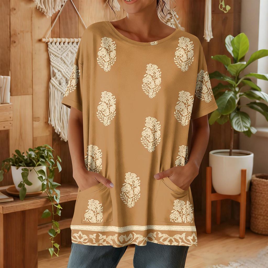Top casual de manga corta con estampado floral para mujer