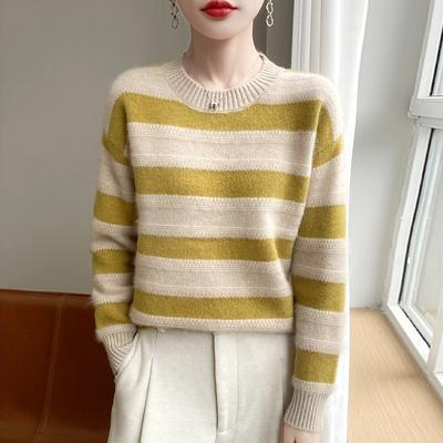 Wool Seven-stitch Thick Striped Patchwork Knitted Sweater for Women, Suitable for Autumn and Winter, Loose-fitting Base Layer Shirt