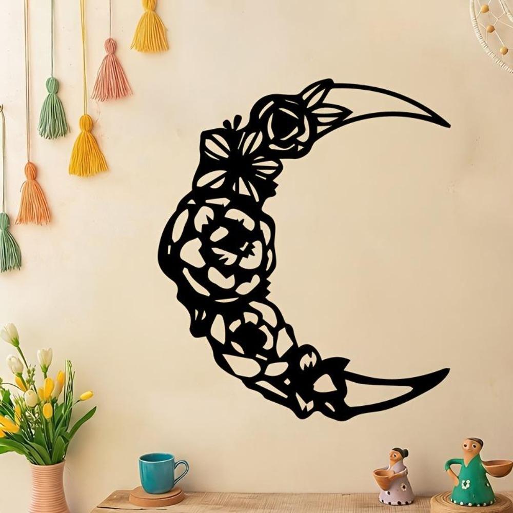 Wrought Iron Floral Crescent Moon Wall Decor, Rose Metal Sculpture, Artistic Craft for Wedding Anniversary Gift, Home Art Piece