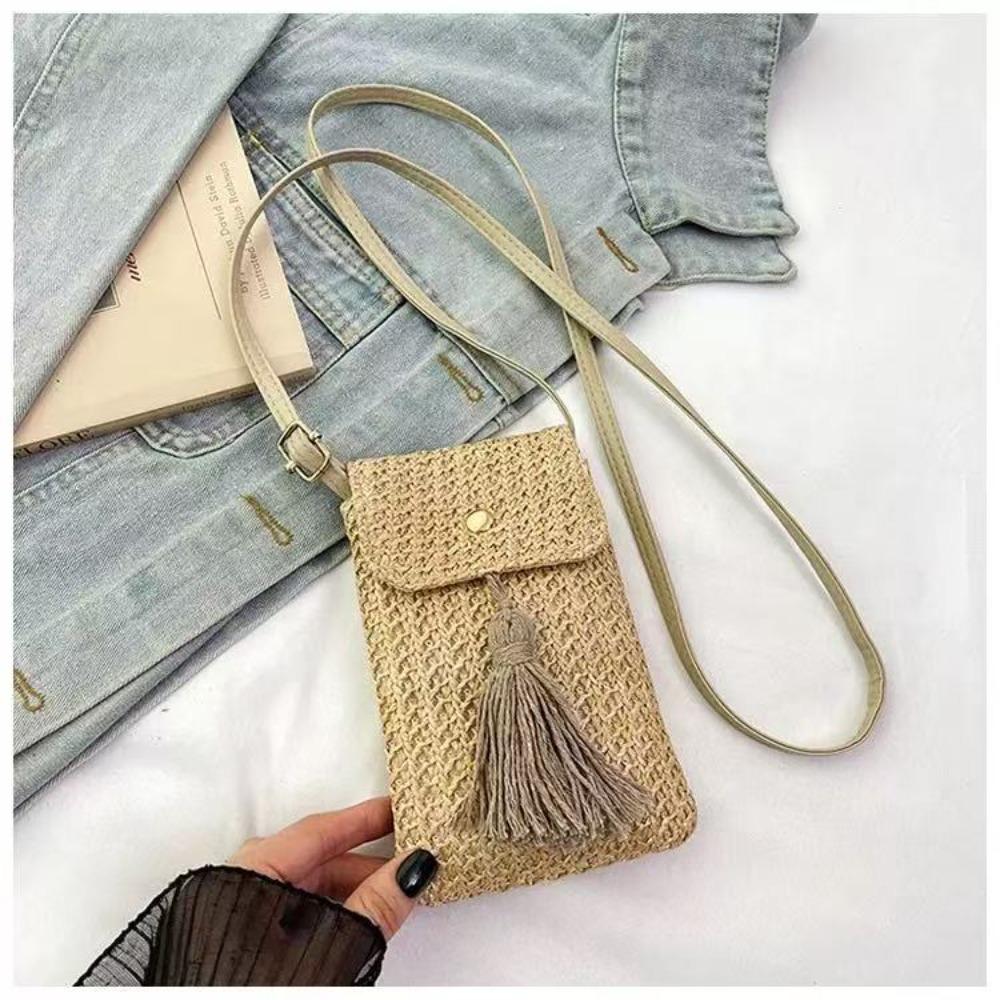 Long Tassel Straw Woven Handbag Handmade Woven Beach Bag Casual Crossbody Bucket Bag Female