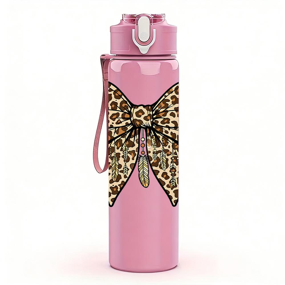 1PC Classic Leopard Print Bow 750ml Color Plastic Sports Water Bottle Leakproof Flip Straw Lid Suitable for Sports Office Home Use