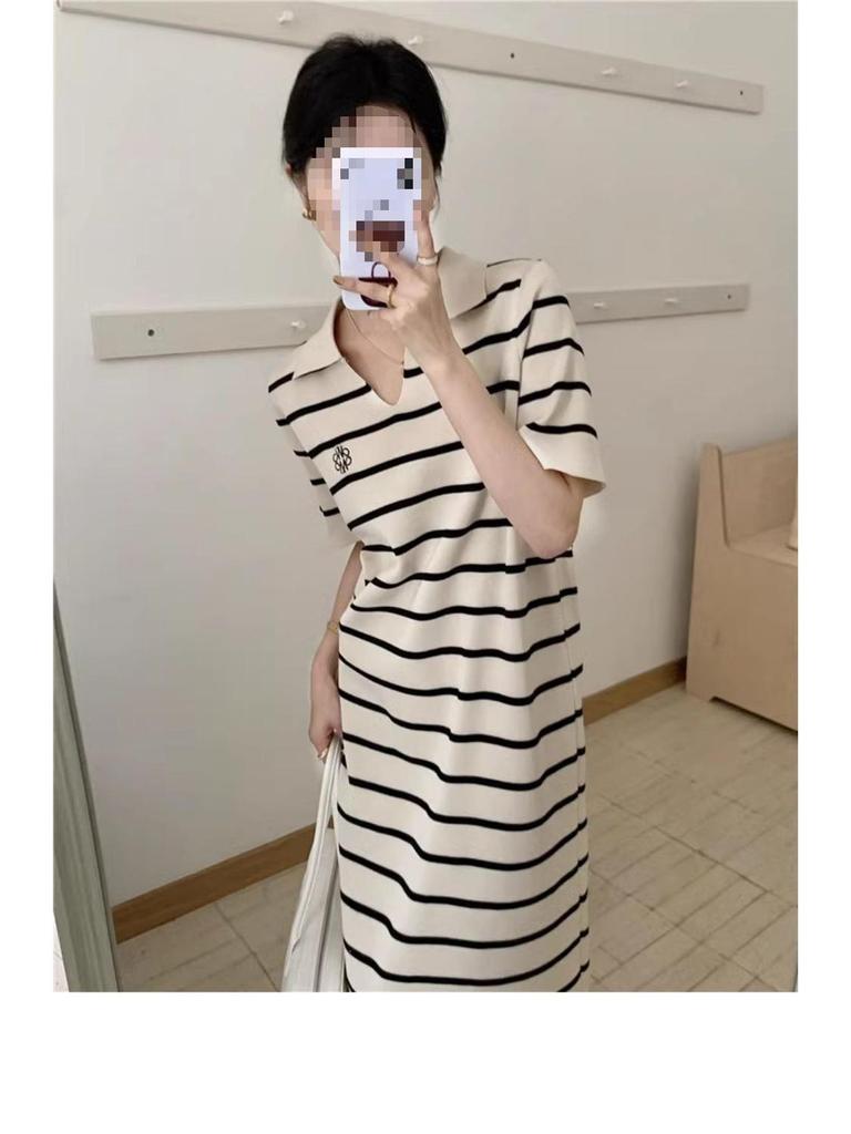 Women's Summer French Stripe Polo Dress - Short Sleeve, Embroidered, Knit, Stylish Loose Fit, Niche H-Line Design, New Arrival
