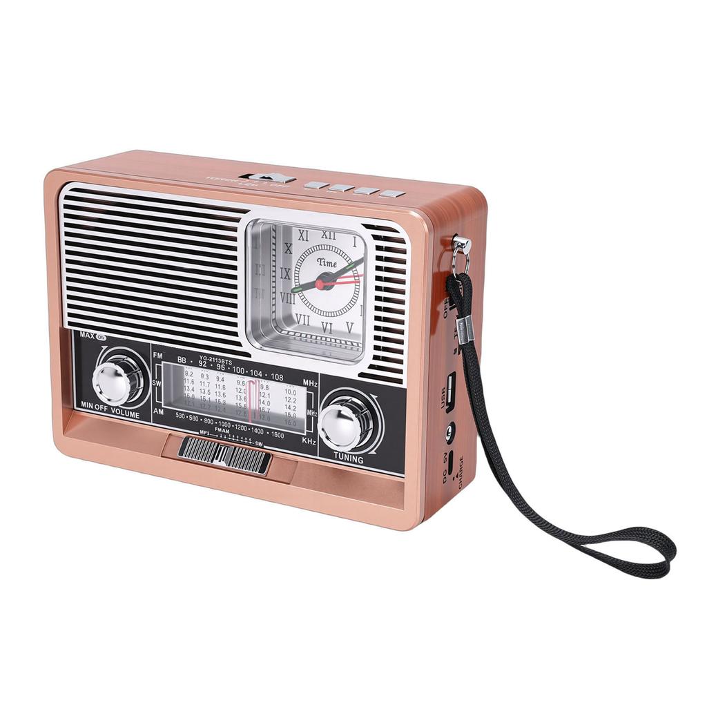 Rádio Retro AM FM SW Recarregável por USB Alimentado por Energia Solar Rádio Relógio Vintage com Lanterna Alto-falante Suporte a Pen Drive USB