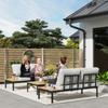 Garden Set 4 Pieces with 2 2-Seater Loveseats and 2 Coffee Tables In Metal and Composite Wood, Grey Black and Teak