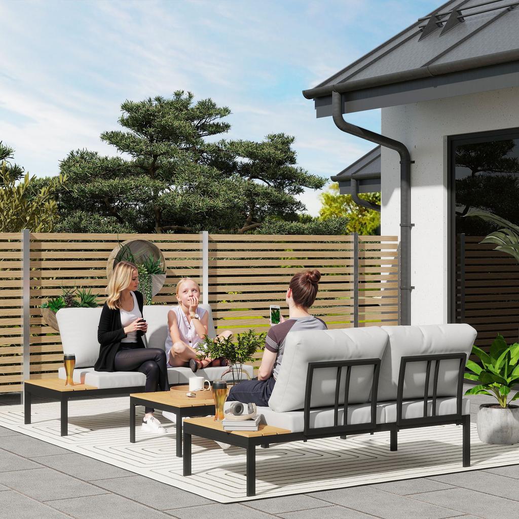 Garden Set 4 Pieces with 2 2-Seater Loveseats and 2 Coffee Tables In Metal and Composite Wood, Grey Black and Teak