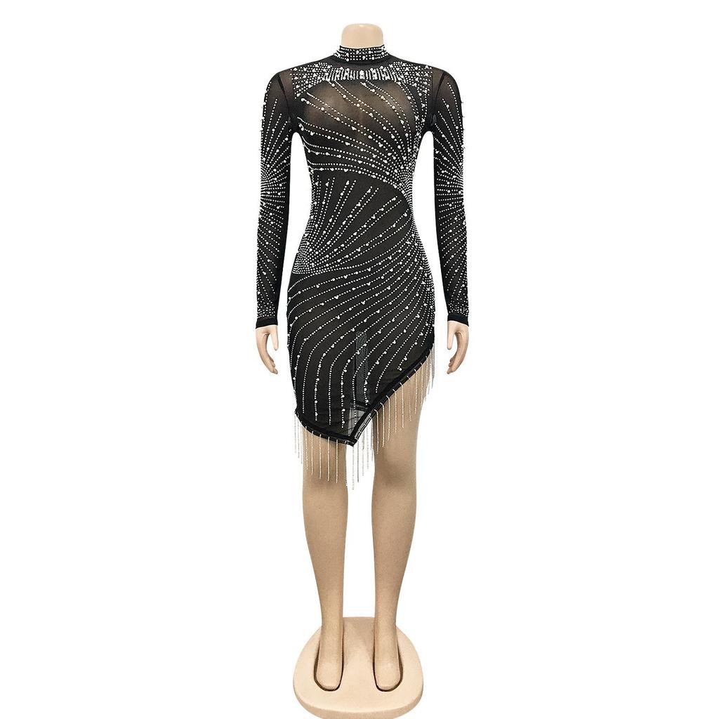 European & American Sexy Mesh See-Through Nightclub Dress with Bead Tassels and Long Sleeves