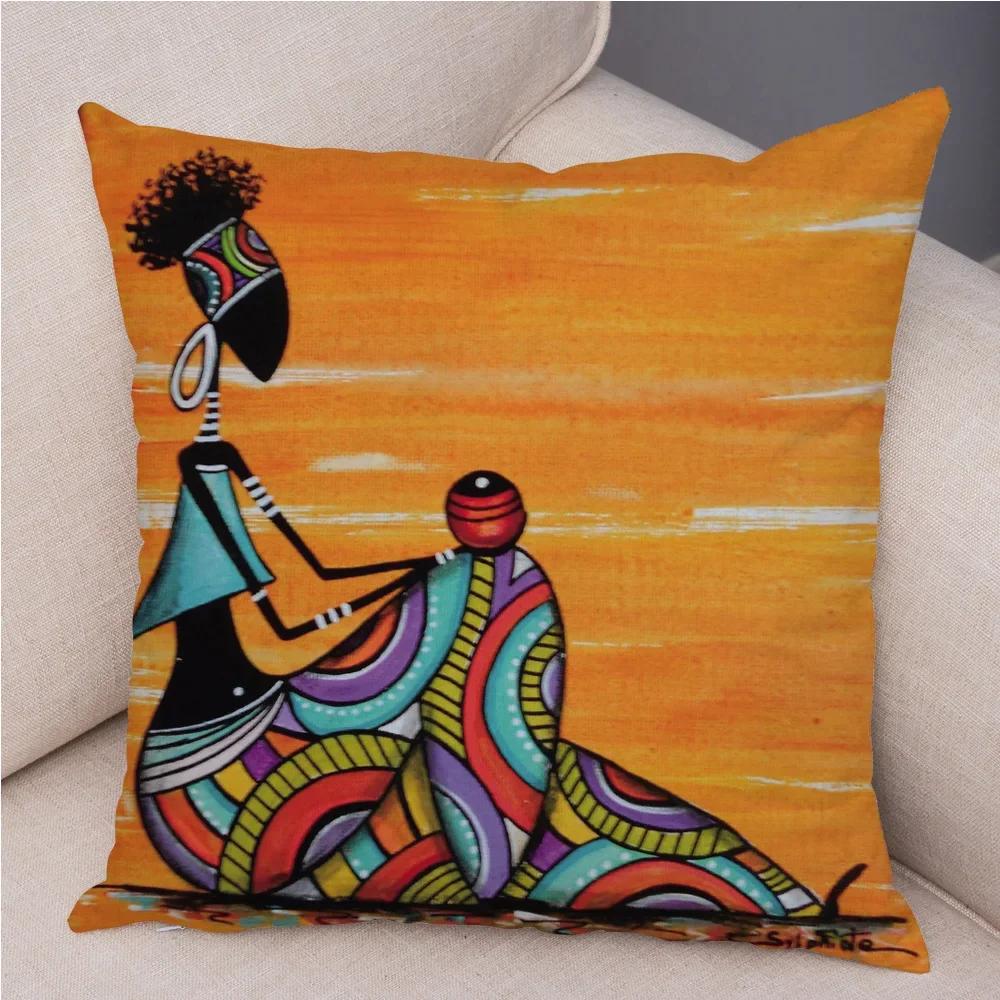 African Woman Soft Plush Cushion Cover for Sofa Home Decor Orange Abstract Painting Pillow Case Africa Life Collection Pillowcae