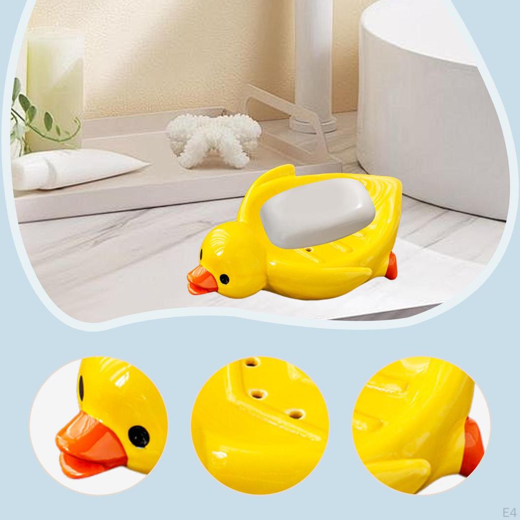 Duck Soap Dish Ceramic, Easy Cleaning, Cute Self Draining Tray for Washroom Bar Countertop