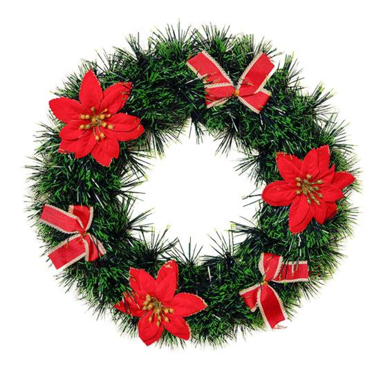 Christmas Wreath for Front Door Artificial Pine Needle Wreath with Balls Bows Flowers Merry Christmas Hanging Decor for Home Wall Window Porch Indoor