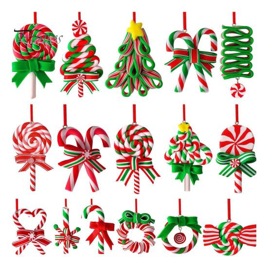 Rustic Holiday Ornaments 16 Pcs Christmas Lollipop Ornaments, Red Green Striped Peppermint Swirl Candy Cane Tree Decor Hanging Decoration, Colorful