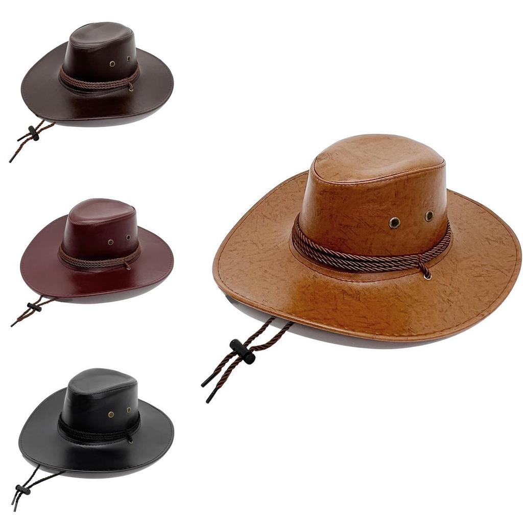 Classic Pu Leather Cowboy Hat With Sunshade Features For Outdoor Adventures For Men