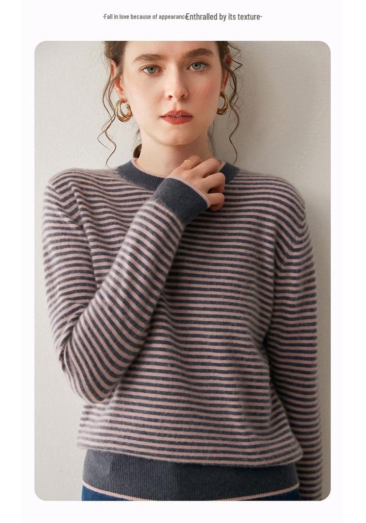 Women's Striped Cashmere Sweater - Long Sleeve, Loose Fit, Round Neck, Versatile Knitwear for Autumn/Winter
