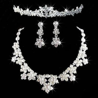Luxuriöser Brautschmuck, glänzender Strassstein, süße Blumenkrone, Halskette, Ohrringe, Set