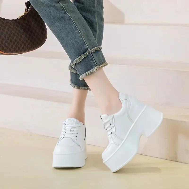 Fashion 11cm Women Luxury Genuine Leather Platform Wedge Pumps High Heels Ankle Booties Spring Autumn Ankle Boots Casual Office Shoes