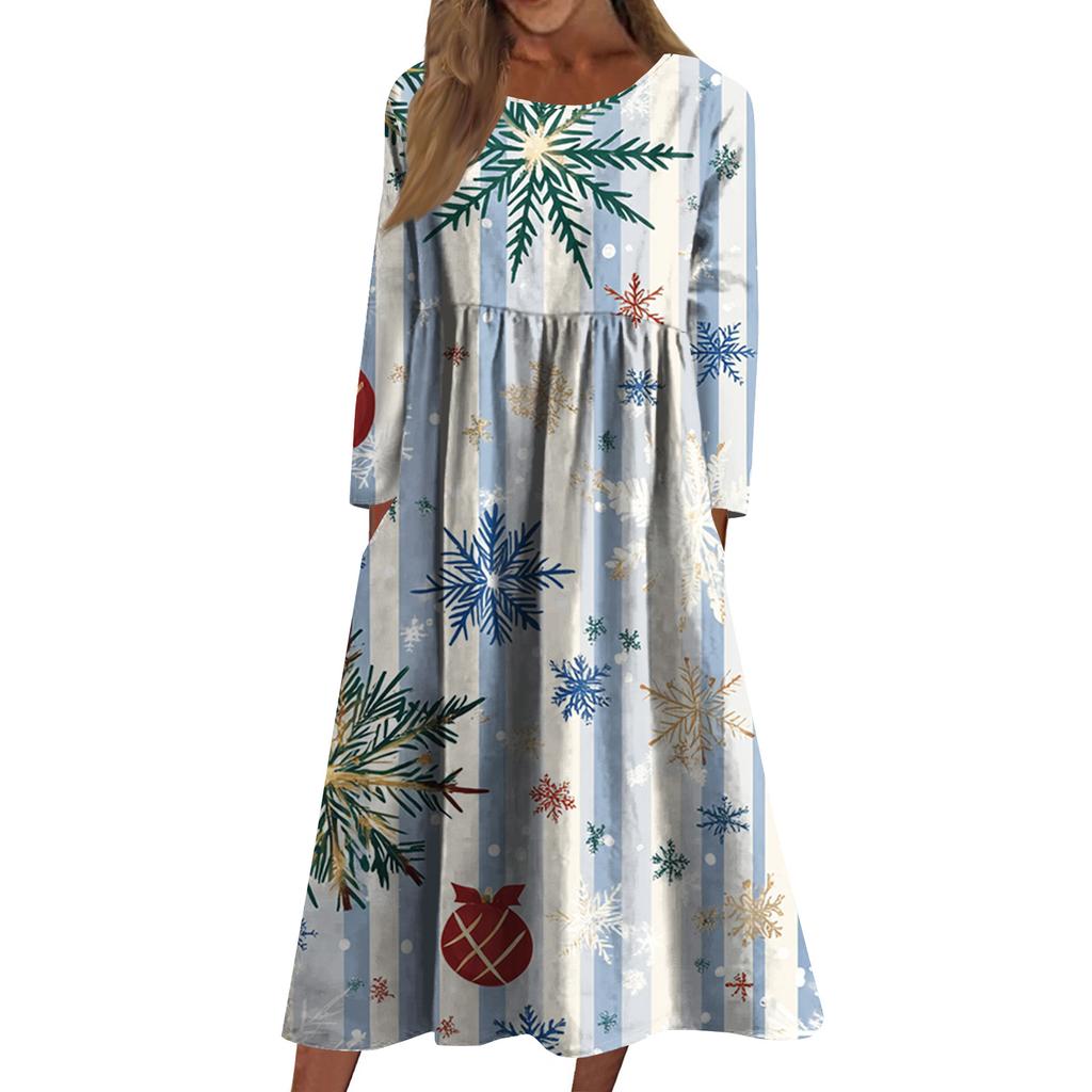 Women's Casual Crew-neck Christmas Print Mid-length Dress Long-sleeved Dress With Pocket