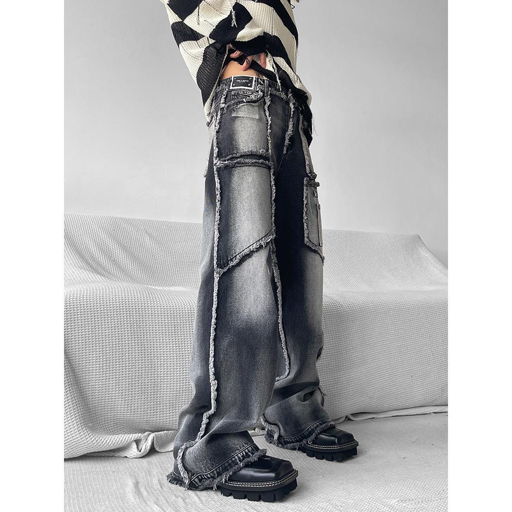 Men's Loose Straight Raw Edge Workwear Jeans for Autumn/Winter