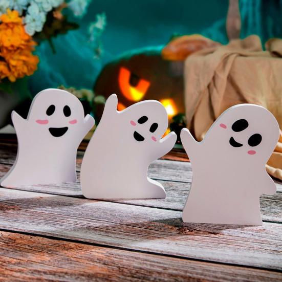 3Pcs/Set Halloween Ghost Tiered Tray Ornament Farmhouse Rustic Wooden Cartoon Ghost Table Sign Layered Tray Desktop Ornament