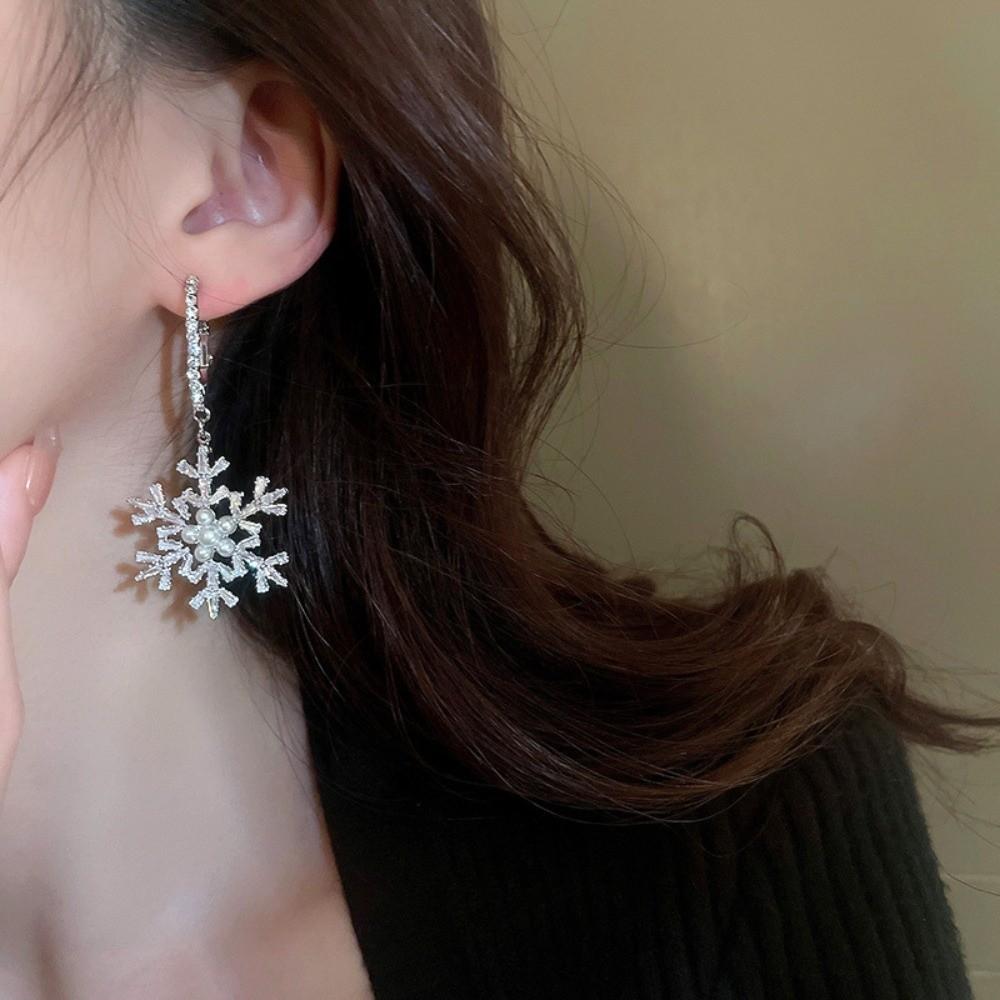 Imitating Pearls Crystal Snowflakes Earrings Silver Zircon Dangle Earrings  New Year