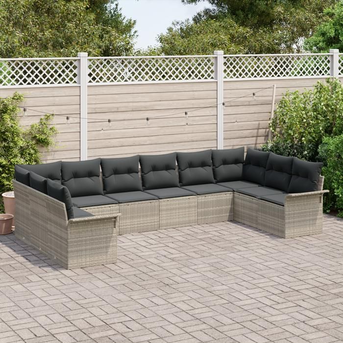 Ensemble de 10 pièces de canapé de jardin avec coussins gris clair poly rotin, Canapé de jardin 2 places avec rangement 3354211