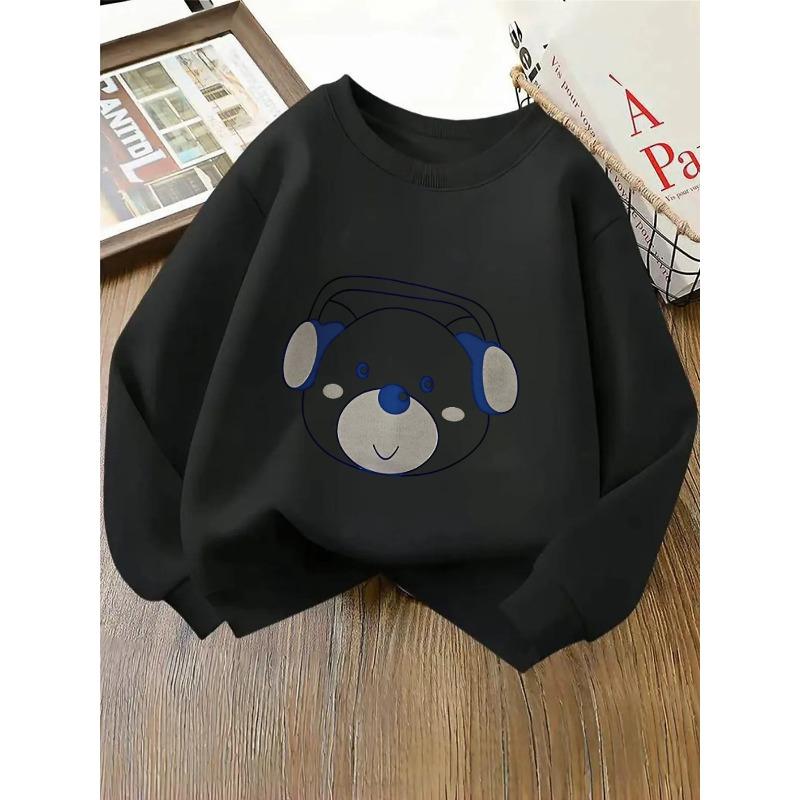 Girls' Crewneck Sweatshirt - Cute Bear Wearing Headphones Pattern Machine Washable, Spring And Autumn