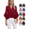 Top cu mâneci trei sferturi tip frunză de lotus, culoare uni, la modă, casual, larg, cu decolteu în V, cămăși de afaceri din șifon, bluze și cămăși de damă