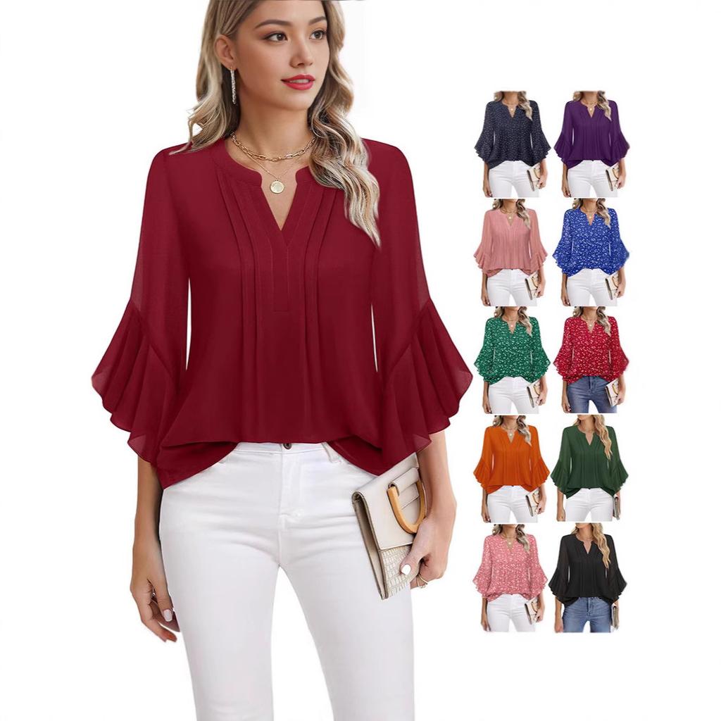Top s rukávy sedm osmin z lotosového listu, jednobarevný, módní, ležérní, volný výstřih do V, businessové šifonové košile, dámské halenky a košile