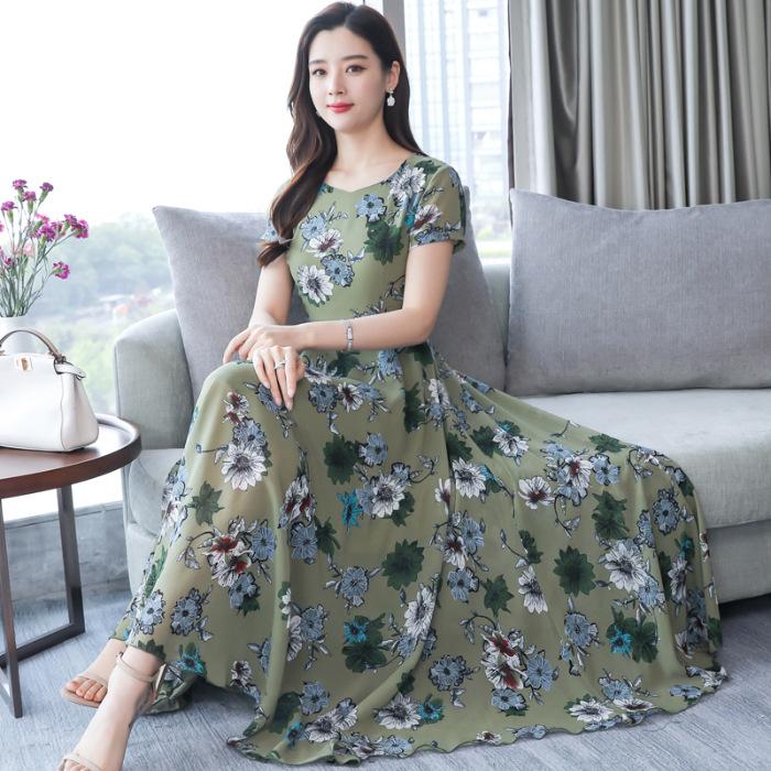Broken Flowers Swing Over the Knee and Look Thin, Super Fairy Popular Long Dress, New Round Neck Short-sleeved Thin Women's Long Dress