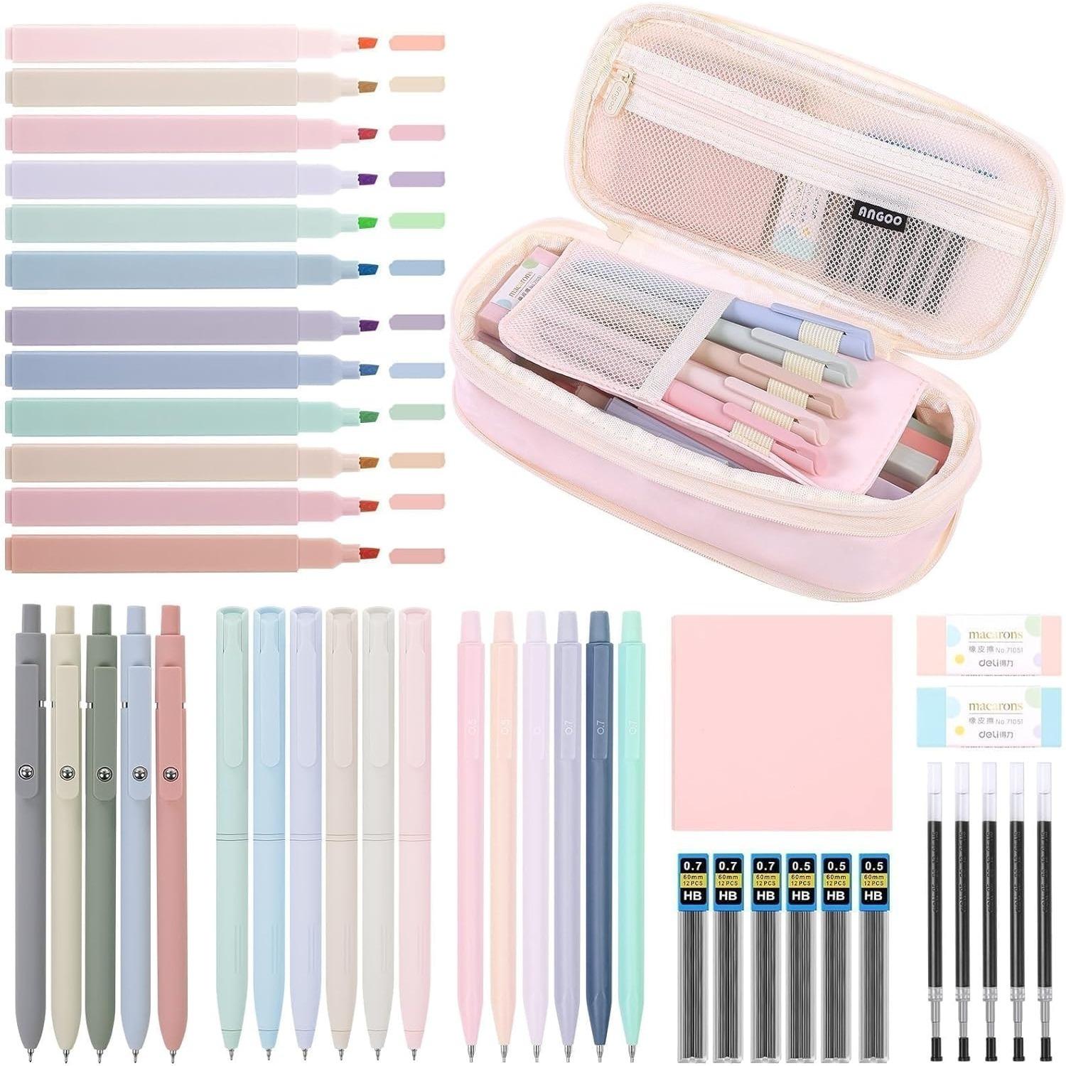 

52 PCS Aesthetic School Supplies Set: Large Pencil Case with 5 Inspirational Pens,12 Pastel Highlighters, 6 Morandi Gel Pens розовый