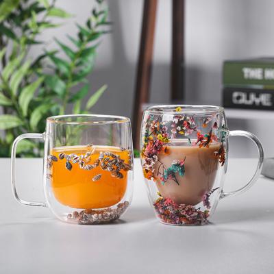 1 buc. Cană Creativă din Sticlă cu Perete Dublu, cu Flori Uscate, Melci de Mare, Scoici, Umpluturi cu Sclipici pentru Cafea, Suc, Lapte, Cadouri pentru Studenți