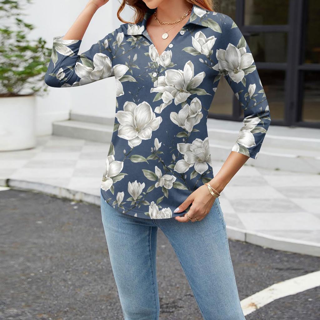 Women's Fashion Casual Long Sleeve Floral Print V-Neck Button Top