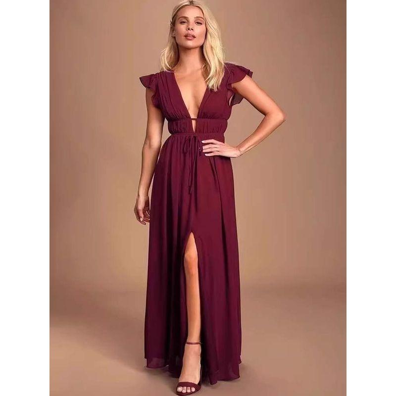 Foreign Trade Order Lu's Double V Sexy dresses for women Flying Sleeves Large Swing Skirt Annual Party Evening dress Lace-up Mesh Skirt