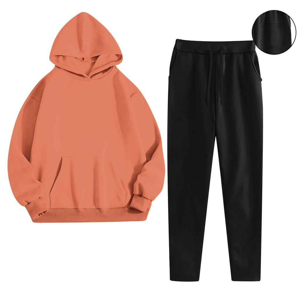 Women's Fashionable Relaxed-Fit Hooded Sweatshirt With Pockets And Fleece-Lined Trousers Set