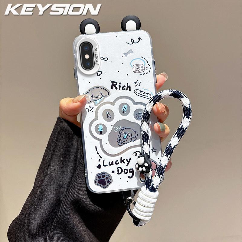 KEYSION Cute Ear Cartoon Case for iPhone XS Max X XS with Lanyard Soft Silicone+PC Shockproof Phone Back Cover for iPhone XR