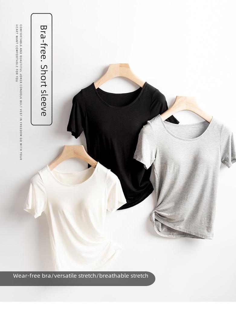 Sportovní tričko na jógu s krátkým rukávem a vestavěnými vycpávkami – bezdrátové, není potřeba podprsenka – ideální na léto a podzim.