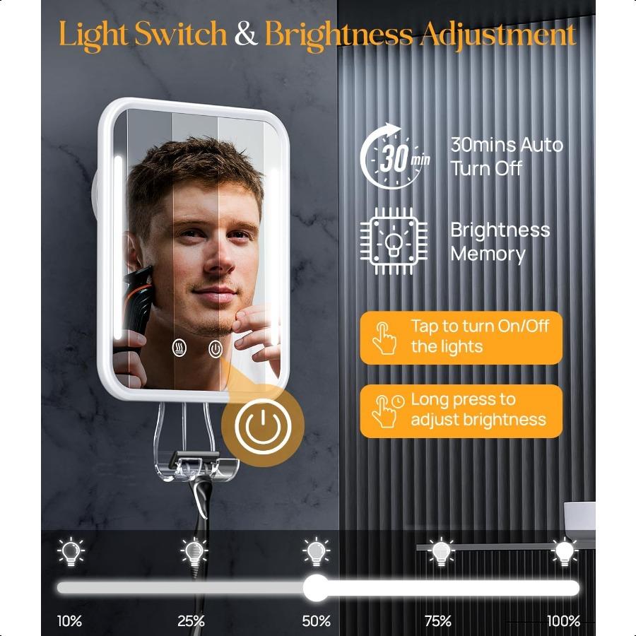 Heated Shaving Mirror for Shower Fogl with Light Rechargeable Battery and Adjustable Brightn Suction Cup and Razor Holder Remov