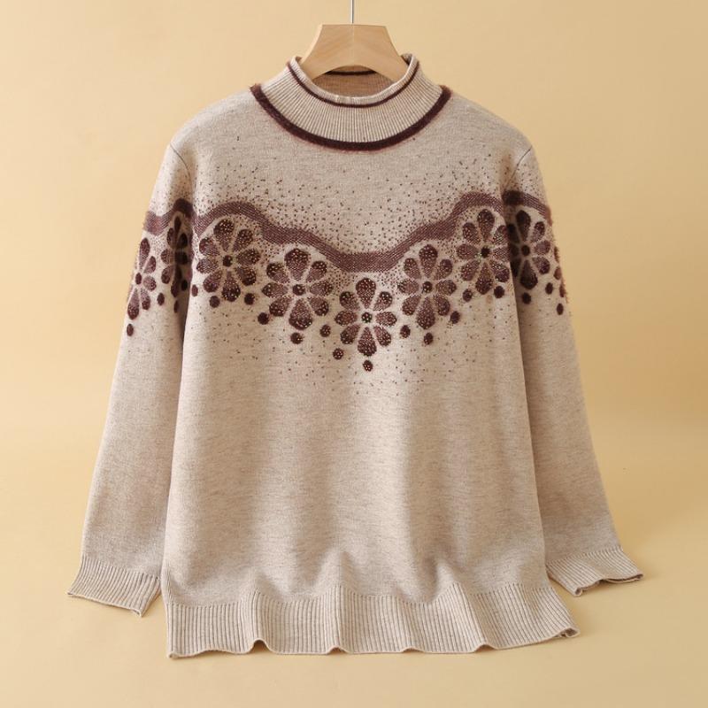 

Mom autumn and winter fleece thickened sweater middle elderly women inside grandma knitted bottoming shirt warm top 3XL бежевый